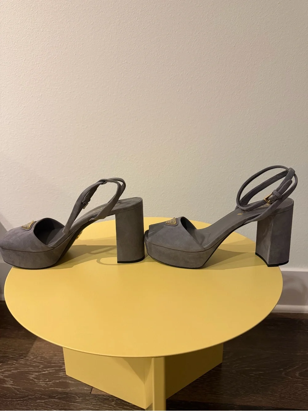 Prada Gray Suede Platform Block Heel Sandal with Ankle Strap